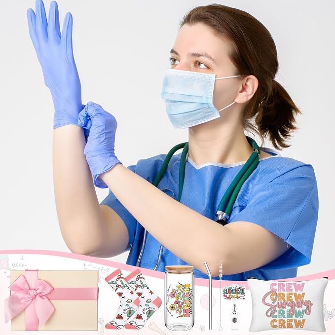 Skylety 5 Pcs Surgical Tech Gifts Set for Women | 16oz Glass Cup Sock Cosmetic Bag Badge Holder, Doctor Staff Surgical Technologist Appreciation Gift Box Accessories Stuff