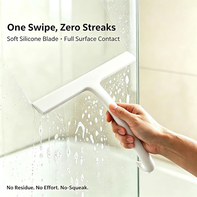 Shower Squeegee for Glass Doors: Streak-Free Silicone, 8.27 inch | One Swipe Silicone Blade, Built-in Hook for Easy Hanging, Versatile for Bathroom Mirror & Car Window (Classic White)