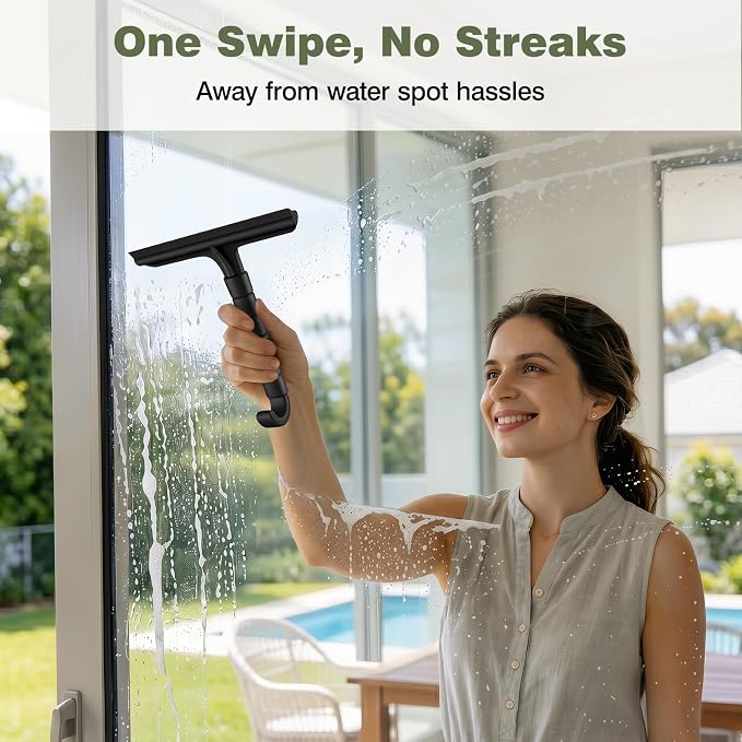 Roylvan Silicone Shower Squeegee for Glass Doors with Built-in Hook, Black | All-in-One Shower Squeegee with Ergonomic Grip, Household Window Mirror Cleaner for Bathroom Glass Kitchen Tile Wall Car