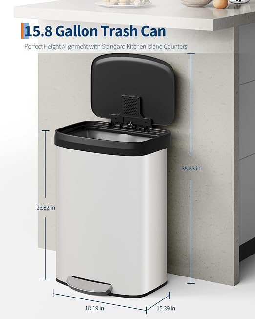 GarveeHome 16 Gal / 60 L Step-on Trash Can, Large Metal Kitchen Garbage Bin with Soft Close Lid, Rustproof Stainless Steel Trash Can, Inner Bucket Rim & Rear Handle, White