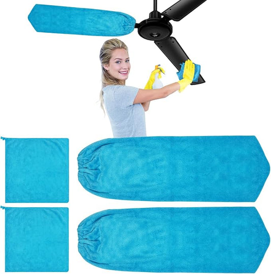 4 PCS Ceiling Fan Duster Kits,100% Microfibre Fan Blade Cleaner for high Ceiling Fan Blades.Machine Washable and Reusable,Includes 2 Ceiling Fan dusters and 2 Microfibre Towels (Blue)
