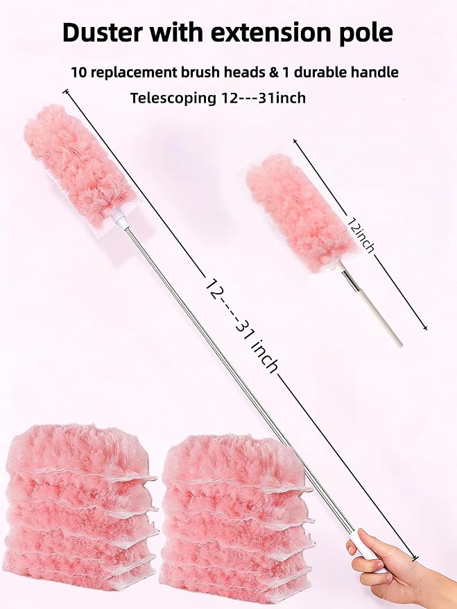 Heavy Duty Duster Refills, Disposable Dusters Kit for Cleaning Dusting Furniture Blind Ceiling Fan, Multi Surface 360 Feather Duster(10)+3FT Extended Handle（1） (Pink)