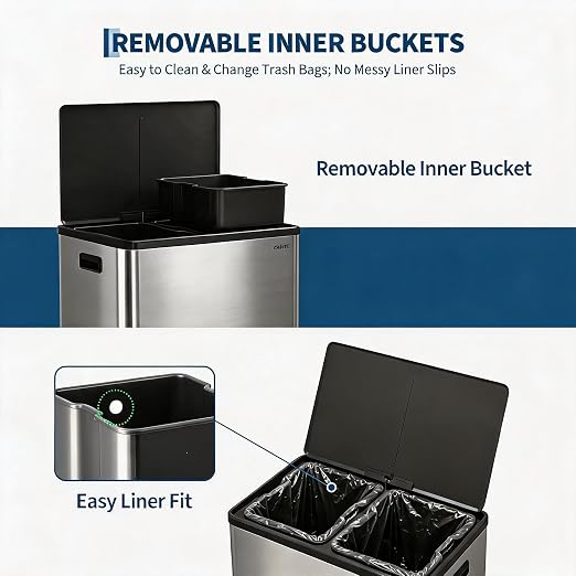 10.5 Gal Dual Compartment Stainless Steel Kitchen Trash Can with Lid, 20L+20L Recycling Garbage Bin, Soft Close Foot Pedal Trash Bin with 2 Removable Inner Buckets, Fingerprint Resistant for Home Offi | 20L+20L Recycling Garbage Bin, Soft Close Foot Pe...