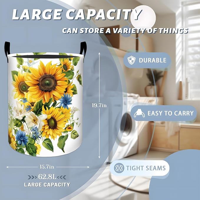 Vibrant Sunflower and Blue Daisy Laundry Basket with Handles, 19.7"x15.7" Clothes Foldable Laundry Hamper Organizer for Dorm Nursery Bedroom Bathroom Decor, Toy Storage Bin for Kids
