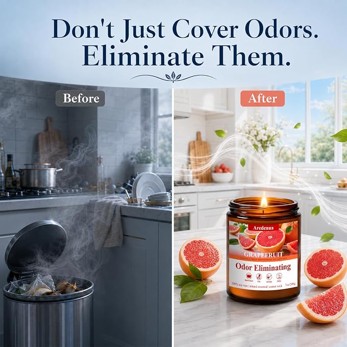 4 Pack Odor Eliminating Highly Fragranced Candle - Eliminates 95% of Pet, Smoke, Food & Other Smells Quickly - Air Freshing Scent of Grapefruit/Linen/Lavender/Ocean - 28oz Soy Candle Gift for Home