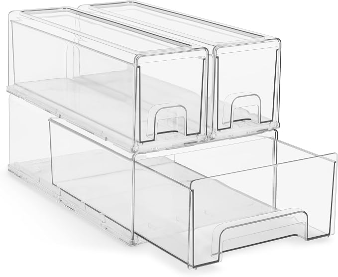 Sorbus Clear Stackable Storage Drawers with Handles (1 Medium + 2 Small) | Easy-access plastic organization for pantries, offices, bathrooms and closets; supports sorting and visibility.