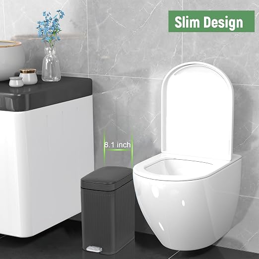 rejomiik Small Bathroom Trash Can with Lid Slim Soft Close Garbage Can Step Wastebasket Container Trash Bin for Office Bedroom Kitchen Living Room (2.6 Gallon Dark Gray) | Garbage Can with Pedal for Office, Bedroom, Kitchen & Living Room, Narrow Plasti...
