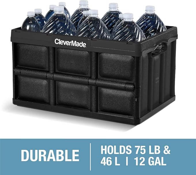 CleverMade Collapsible Storage Bins - Ocean 3 Pack 46L / 12 Gal holds 66 lbs - Stackable Containers Heavy Duty Capacity Crates Space-Saving | Carry Groceries, Tools, and Gear Without Bulky Totes | Each Bin Holds 75 lb, Stacks Securely, and Folds to 2.7...