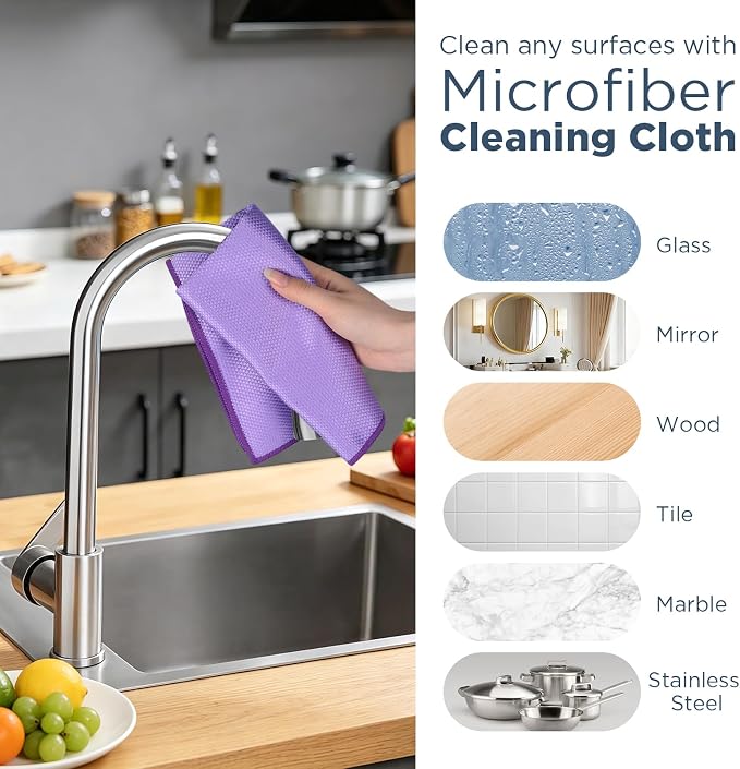 SINLAND Microfiber Glass Polishing Cleaning Cloths, Purple, 16x16In, 6Pk | Fish Scale Cloth, Wipes for Window, Car Windows, Mirrors, Eyeglass, Lens and Stainless Steel, Lint Free, Streak Free