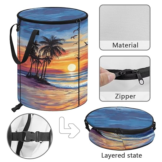 BIGCARJOB Hawaii Palm Camping Trash Can Pop-Up Recycle Trash Can Outdoor Garbage Storage Bag Large Oval Rubbish Bin with Clip and Zip Clid, 22.83x17.71 in