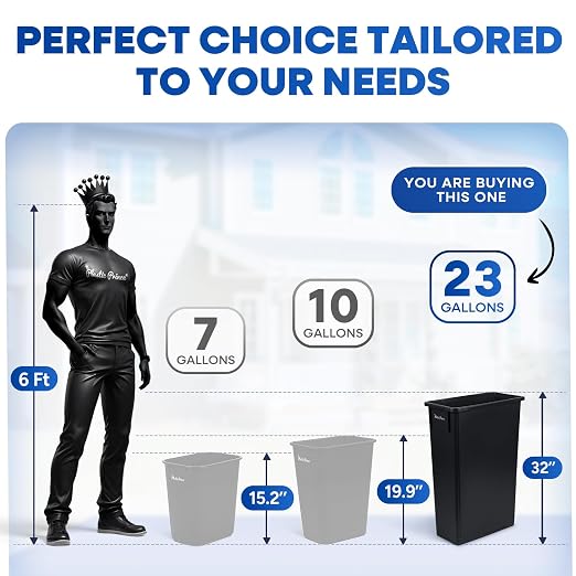 PLASTIC PRINCE 23 Gallon Slim Trash Can Kitchen, Commercial Tall Trash Bin Narrow, Rectangular Slim Jim Skinny Garbage Can for Home Garage Cabinet Restaurant, 6 Pack, Black