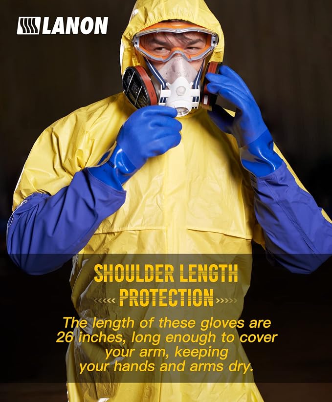 LANON 3 Pairs 26" Elbow Length PVC Chemical Resistant Gloves,Blue,Large | Waterproof,Long Sleeve Work Gloves,Cotton Liner(Excluding Sleeves),Non-Slip Grip,Heavy-Duty,Acid,Alkali & Oil Protection