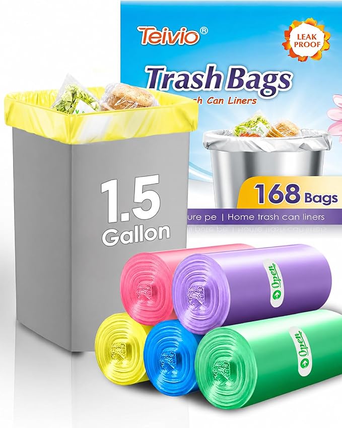 Teivio Small Colorful Clear Trash Bags 1.5 Gallon 168 Count Garbage Bags | Fit 4-5 Liters,1,1.3,1.5Gal,Multicolor Mini Plastic Waste Basket Bins Can Liners for Home Bathroom Office Car dog poop bags