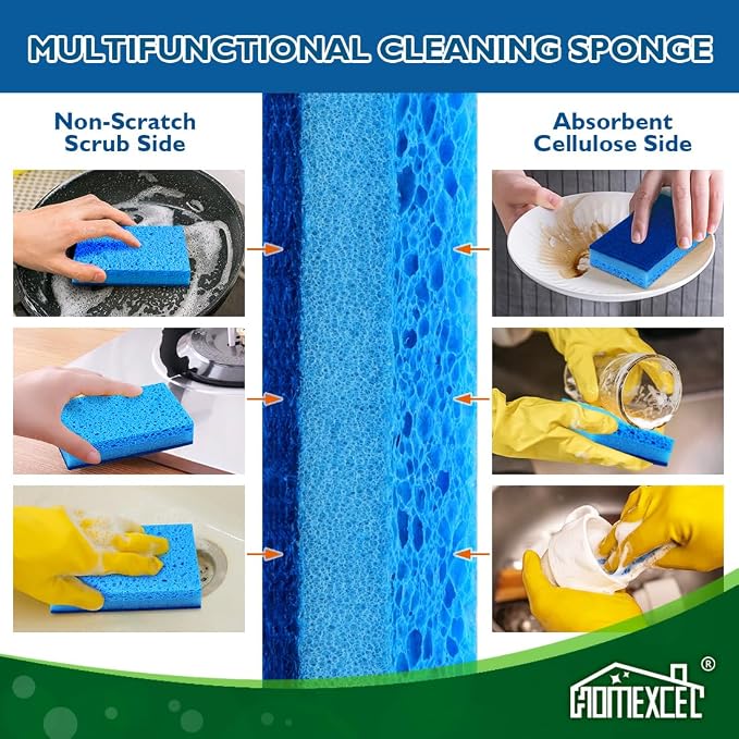 HOMEXCEL Sponges Kitchen 24 Pcs, Non-Scratch Sponge for Cleaning Dishes | Scrub Cleaning Sponge Safe on Non-Stick Cookware, Dual Sided Three-layer Dish Sponge for Sink, Kitchen, Household, Bathroom