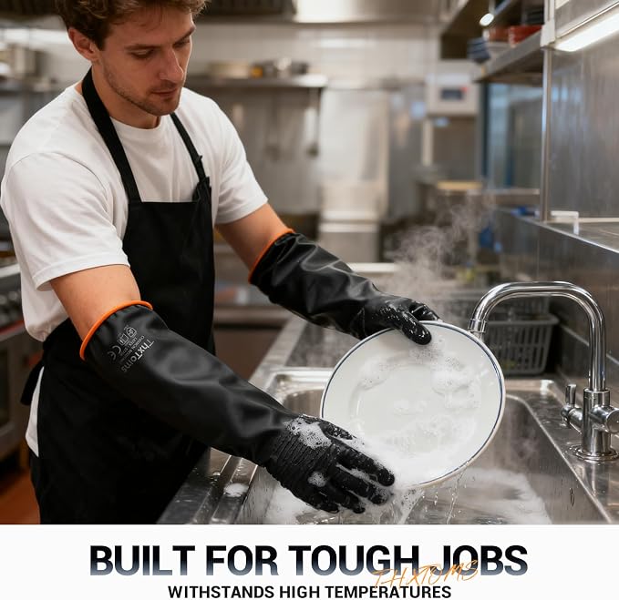 ThxToms Heavy Duty Rubber Gloves, 14" Upgraded with Non-Slip Design | 1 Pair Black Industrial Chemical Resistant Gloves Waterproof Reusable Protective Work Gloves for Dishwashing