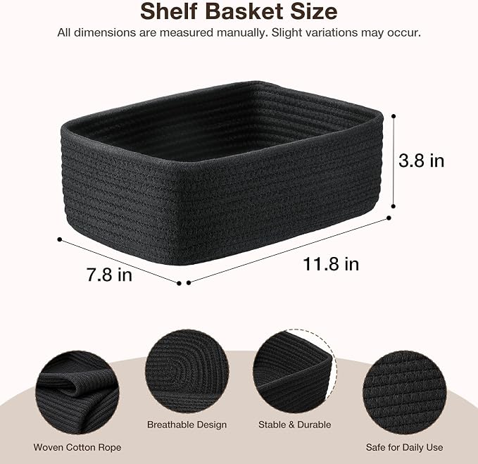 3 Pack Small Baskets for Organizing, Woven Storage Baskets for Shelves | 11.8x7.8x3.8 in Cotton Rope Baskets, Toy Baskets Storage Kids, Basket Organizer, for Living Room, Bedroom, Nursery, Black