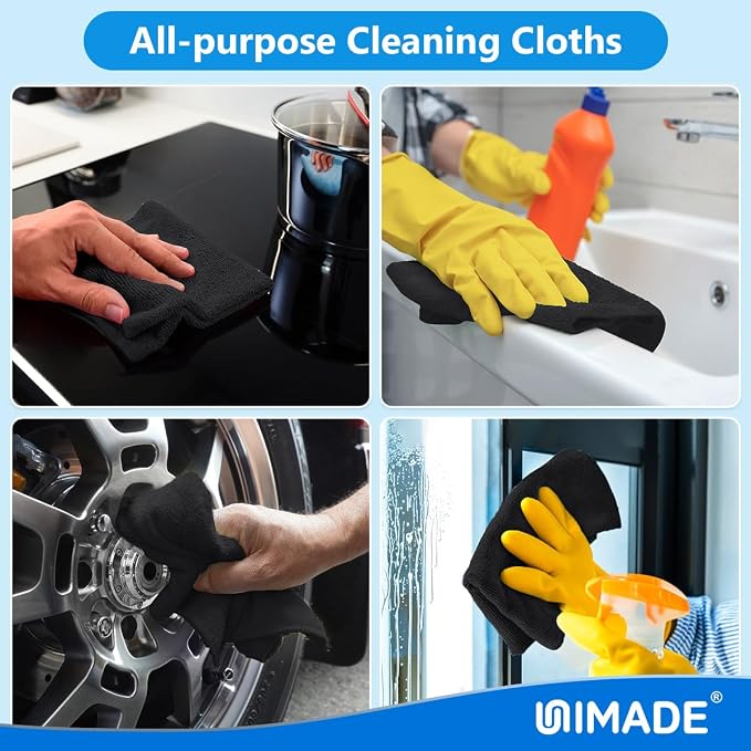 Microfiber Cleaning Cloth, 50 Pack Microfiber Towels | Cars Reusable Shop Rags Bulk Lint Free Cleaning Towels for Car Kitchen Automotive Bar Mechanic Garage, 11.5"x 11.5", Black