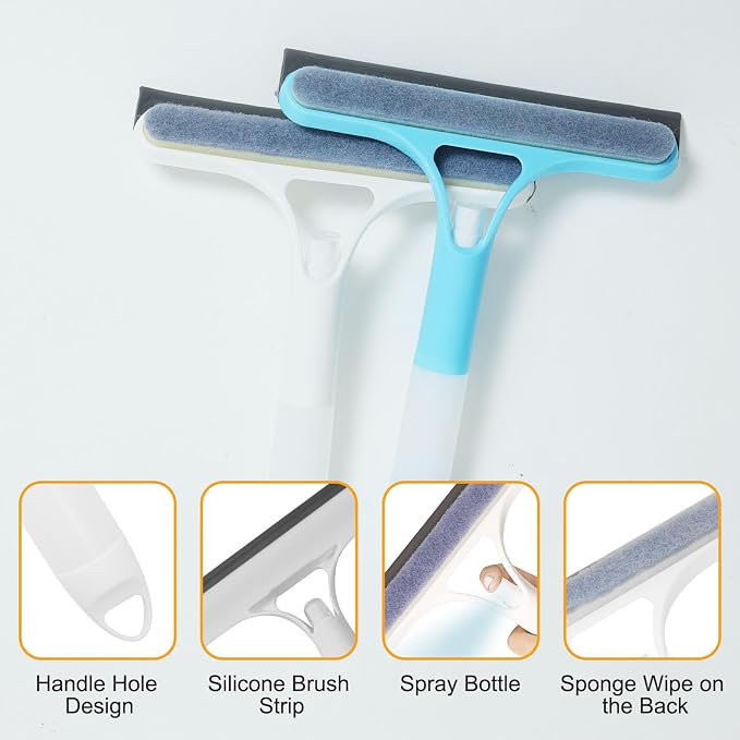 3-in-1 Spray Window Squeegee with Scraper and 2 Cotton Pads, White | Spray, wipe, and squeegee glass with one handheld tool; includes two replaceable cotton cleaning strips