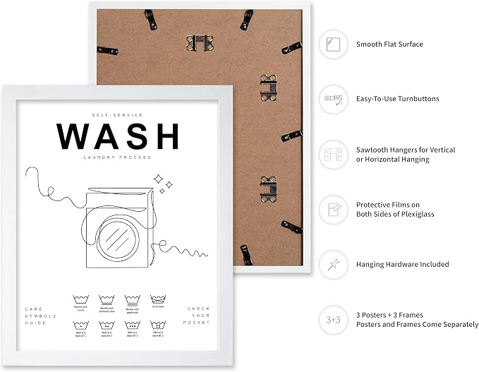Poster Master 3-Piece Wash Dry Fold Print - Laundry Poster - Line Drawing Art - Black & White Design - Symbols & Guide Art - Minimal Laundry Room Decor - 16x20 White Framed