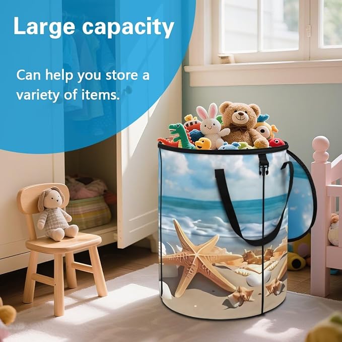 Beach Starfish Shell Collapsible Trash Can 24 Gallon Pop-Up Outdoor Garbage Can with Handles Waterproof Lightweight Storage Bag with Lids for Camping, Backyard, Hiking
