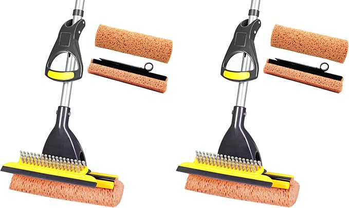 Yocada Sponge Mop Home Commercial Use Tile Floor Bathroom Garage Cleaning Total 2 Sponge Heads NOT 3 Telescopic Handle Squeegee from 42.5 to 52 Inches Easily Dry Wringing only 2 Heads (Pack of 2)