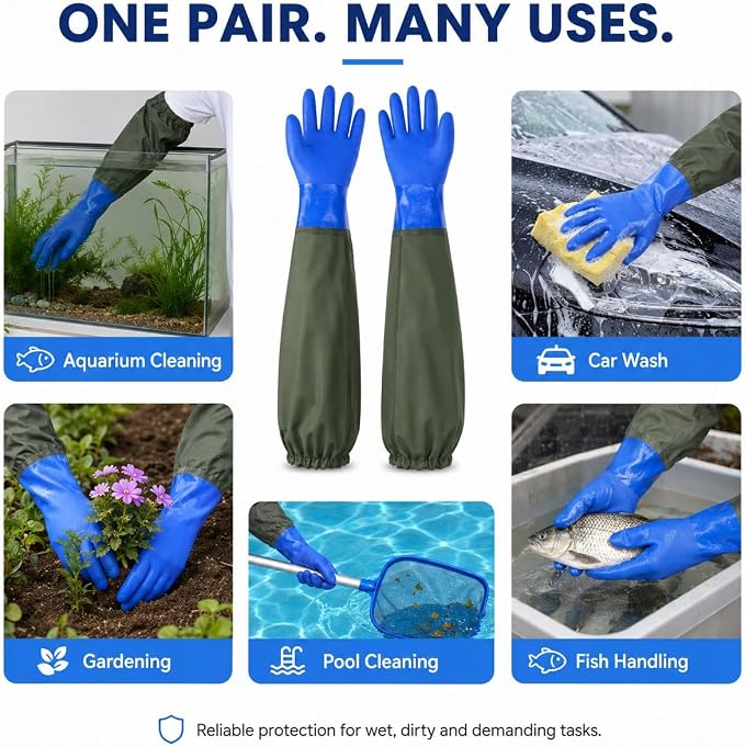 28 Inch Long Rubber Gloves, Heavy-Duty Waterproof PVC Work Gloves with Cotton Lining and Elastic Cuffs, Extended Arm Protection for Pond, Aquarium, Cleaning and Industrial Use, Blue, Large