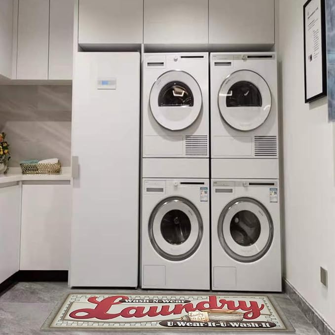 Abreeze Farmhouse Laundry Runner Rug Vintage Rug for Laundry Room Rubber Backer Mat Floor Runner Carpet Kitchen Mats 20''x48'',Red Letter