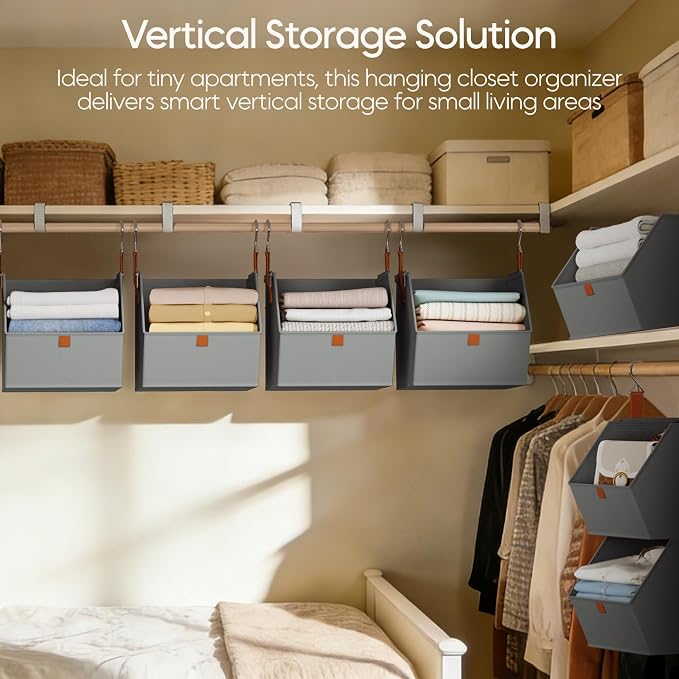 Collapsible Hanging Closet Organizer - 3 Tier Closet Shelves Storage System with Hooks, Fabric Hanging Storage Bins for Clothes, Foldable Storage Basket for Laundry, Bedroom, Rv, Grey