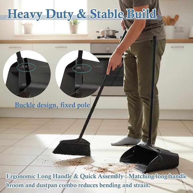 Broom and Dustpan Set， Dust Pan and Broom Combo | Long Handle and Wheels, Upright Standing，Heavy Duty，Large， for Indoor Outdoor, Kitchen, Garage, Restaurant Cleaning –Black
