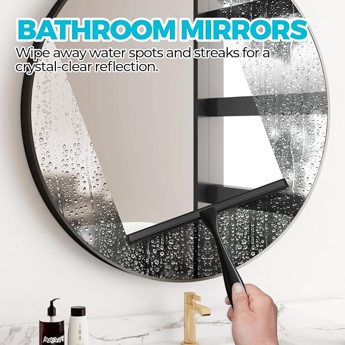 Shower Squeegee for Glass Doors, Tile Walls, Mirrors and Windshields | 9.5" Black, Bathroom Accessories, Window Cleaner, New Home Essentials, Silicone Blade, Metal Handle, Adhesive Hook