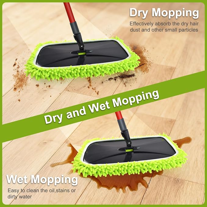 Mops for Floor Cleaning, Dust Mop for Hardwood Floors, Extra Large Floor Mop with Extendable Handle and 3 Reusable Chenille Mop Pads, Flat Dust Mops for Hardwood, Marble, Vinyl, Tile Floors Cleaning