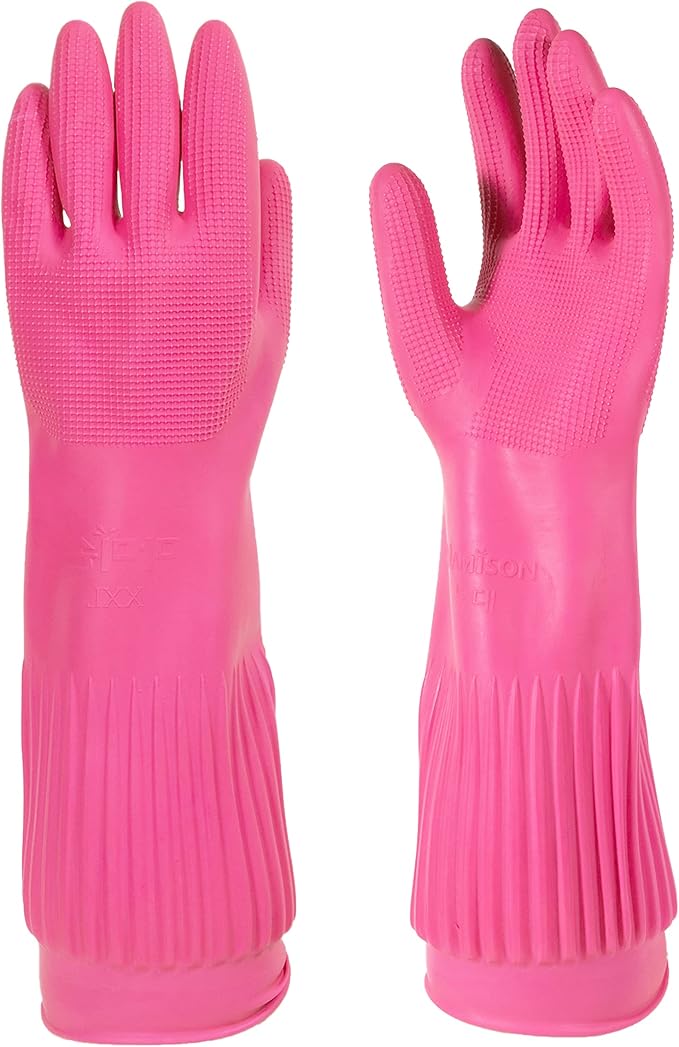 (Florian Mamison) Mamison Big Kitchen Rubber Glove Pink (XXL Size 1 Pairs) Reusable Waterproof Household Dish washing Cleaning Rubber Gloves, Non-Slip Kitchen Gloves