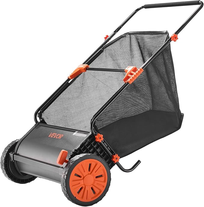 VEVOR Push Lawn Sweeper 26 in Leaf & Grass Collector 7 cu. ft. Hopper Bag | 10-Level Height Adjustable V-Shaped Brushes, Heavy Duty Yard Sweeper for Leaves, Grass Clippings & Pine Needles
