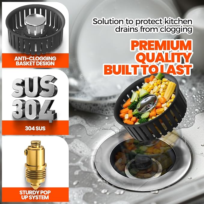 3 in 1 Kitchen Sink Drain Strainer Stopper Basket Pop Up Black | Kitchen Sink Accessories Strainer Basket 2 Pack Stainless Steel Anti-Clog Catcher, Odor-Blocking Seal Fits 3.5" Drain