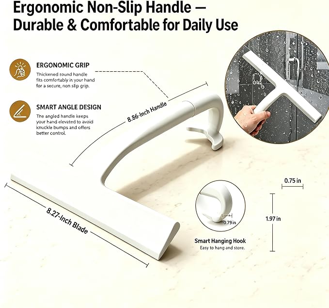 Shower Squeegee for Glass Doors: Streak-Free Silicone, 8.27 inch | One Swipe Silicone Blade, Built-in Hook for Easy Hanging, Versatile for Bathroom Mirror & Car Window (Classic White)
