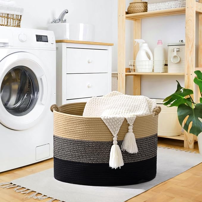 67L Large Blanket Basket, 20"x13" Woven Storage Baskets With Handle, Cotton Rope Blanket Basket Living Room, Baby Laundry hamper for Blanket, Nursery, Toy, Pillow (Brown & Black)