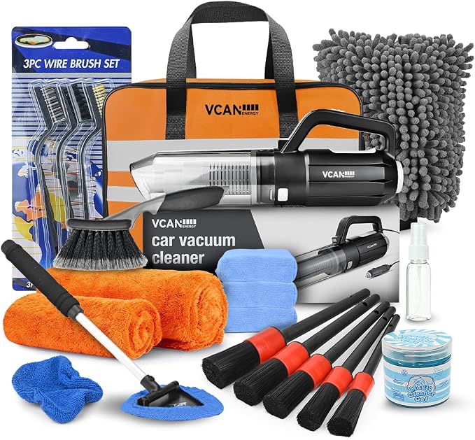 VCANENERGY Car Cleaning kit, Car Interior Detailing kit with 10000pa Car Vacuum Cleaner, Detailing Brush Set, Wheel Brush, Windshield Cleaner Tool, Complete Auto Accessories for Men, Women