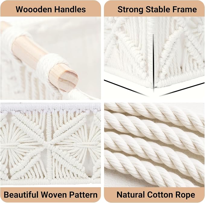 Nonam 2pc Macrame Storage Baskets, Boho Woven Boxes for Home Org, White | Handcrafted macrame storage boxes. Stylish boho decor for shelves, toilet tank & cabinets. Durable, versatile & chic.