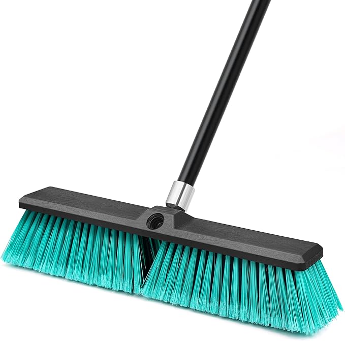 TidyBliss 18” Push Broom Outdoor Heavy Duty, Large Commercial Stiff Bristle Brush with 63 inches Long Handle for Garage Shop Garden Yard Patio Deck Street Warehouse Lawn Driveway (Green)