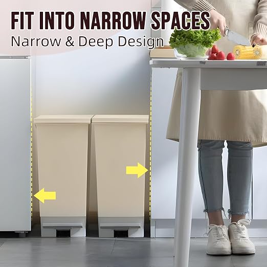 8 Gallon Trash Can With Lid and Foot Pedal, Plastic Slim Kitchen Step On Trash Can, Hands Free Recycling White Kitchen Garbage Can, Odor Block, 9 Inch Wide Trash Bin Fit For Narrow Space, 3Pack