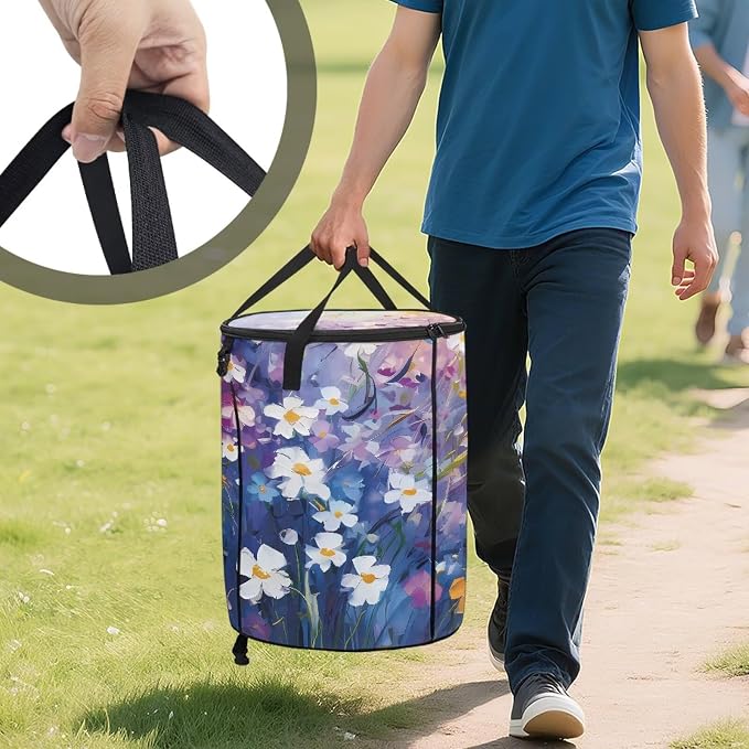 Watercolor Daisy Collapsible Trash Can 24 Gallon Waterproof Pop-Up Bin with Zipper Lid Reusable Heavy-Duty Outdoor Garbage Can for Patio Backyard Folds Flat Camping Essentials