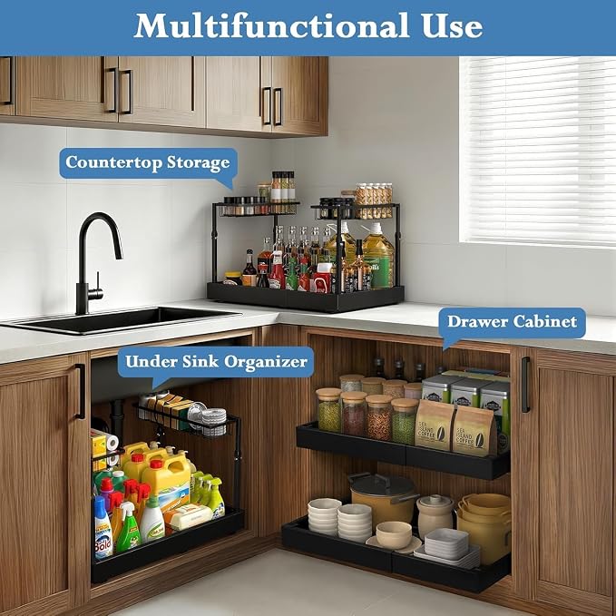 Under Sink Organizer, 2-Tier Slide Out kitchen Storage Metal Shelf, Black | 16.7″ To 29.1″ Pull Out Kitchen Storage Cabinet Organizer, Or Bathroom Laundry Kitchen Storage, Multi-Use Bathroom Storage