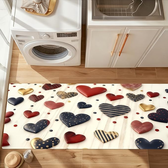 Valentine's Day Heart Laundry Room Rug Runner 20x47 Inch Waterproof Non-Slip Floor Mat - Washable Laundry Pad for Front Load Washer Dryer,Machine Washable Mudroom Kitchen Bathroom Decor,Mother's Day