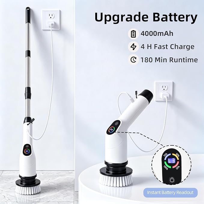 Electric Spin Scrubber Upgraded Cordless Power Cleaning Brush | IPX7 Waterproof, 3 Speed, 180-Minute Battery Life, with 8 Replaceable Heads and Adjustable Extension Handle and LED Display