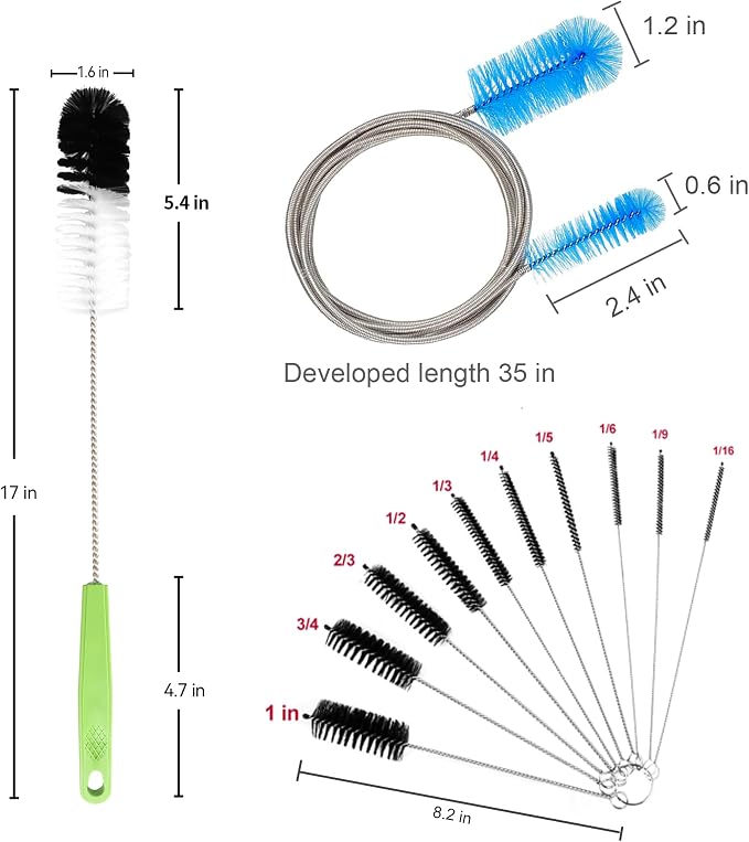 Set of 12 Tube Pipe Cleaners Brush Kit - Bottle & Long Straw Cleaning Tools | for Narrow Neck Bottle, Curved Glass Tube | 17" Long Handle, 8.2" Assorted Thickness Brushes, 35" Flexible Dual-Head Cleaner
