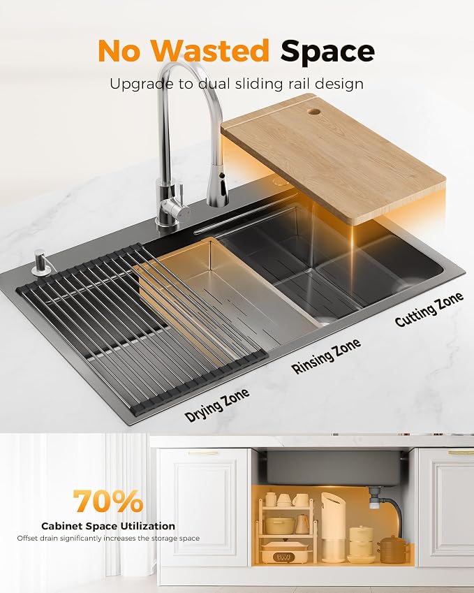 CAMMOO 33X22 Drop In Kitchen Sink, Nano 304 Stainless Steel Black Sink | Pop-Up Drain, Workstation Sink, Upgraded Fast Drain, Topmount Single Bowl with Accessories, Foldable Grid for Easy Cleaning