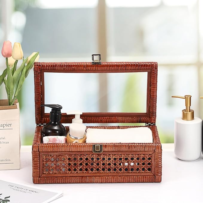 Hipiwe Rattan Storage Box with Lid Vintage Wood and Cane Display Box, Brown | Decorative Shelf Basket for Home Decor, Rectangular Basket Organizer Bin for Bathroom, Kitchen Countertop