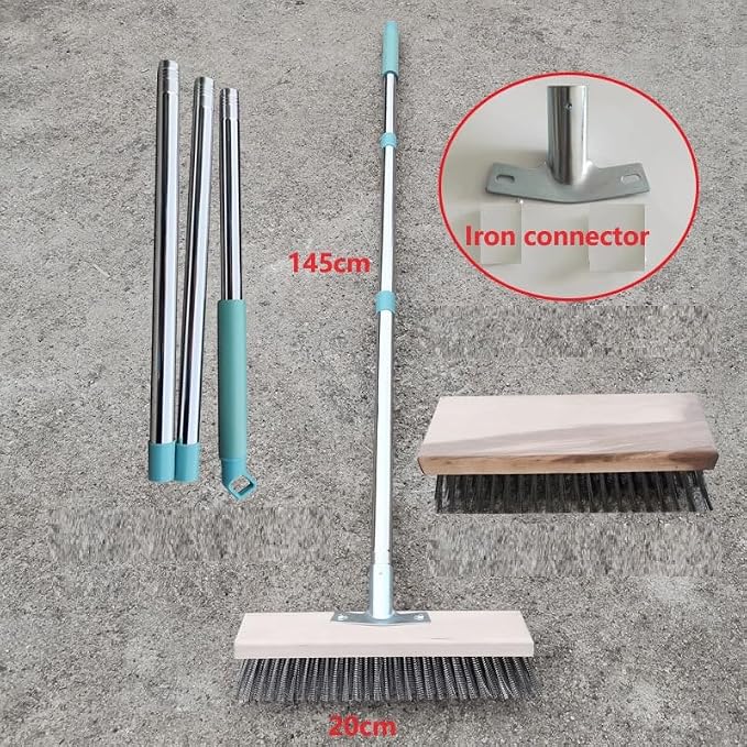 GINGER TECH Wire Broom Head, Garden Stiff Metal Bristle Deck Scrub Brush, Garden Weed Moss Remover Tool Broom for Heavy Duty Weed Moss & Algae on Shower Wall Garage Yard Patio (With 53inc Handle)