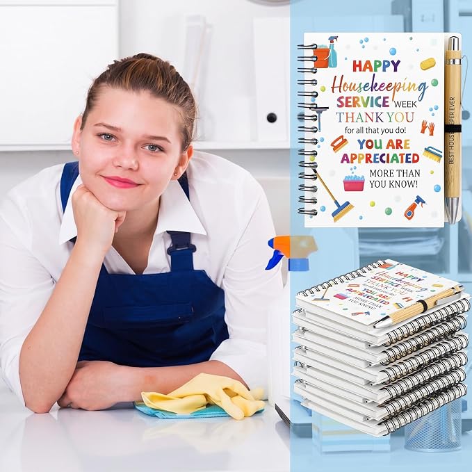 Resurhang 12 Sets Housekeeping Week Appreciation Gifts Bulk Spiral Notebook and Housekeeper Thank You Bamboo Pens with Sticky Tags for Staff House Cleaner Custodian Staff Employees