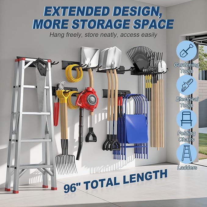 Housolution Garage Wall Organizer 96 Inch - 20Pack Carries 720 lbs | Garage Tool Storage System, 6 Rails with 12 Adjustable Metal Hooks, Garden Yard Shed Rack for Rake Broom Mop Snowboard